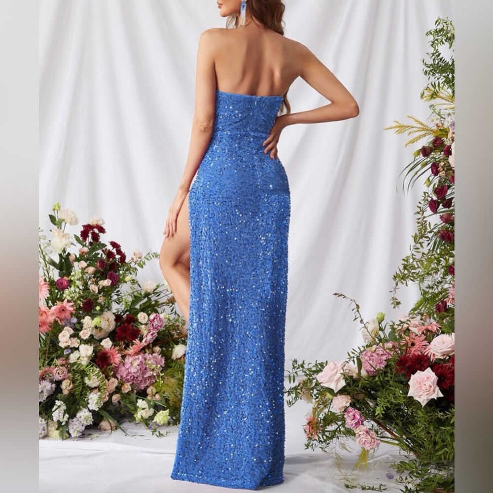 Strapless Sequined Sweetheart Gown in Bright Blue - Picture 2 of 6